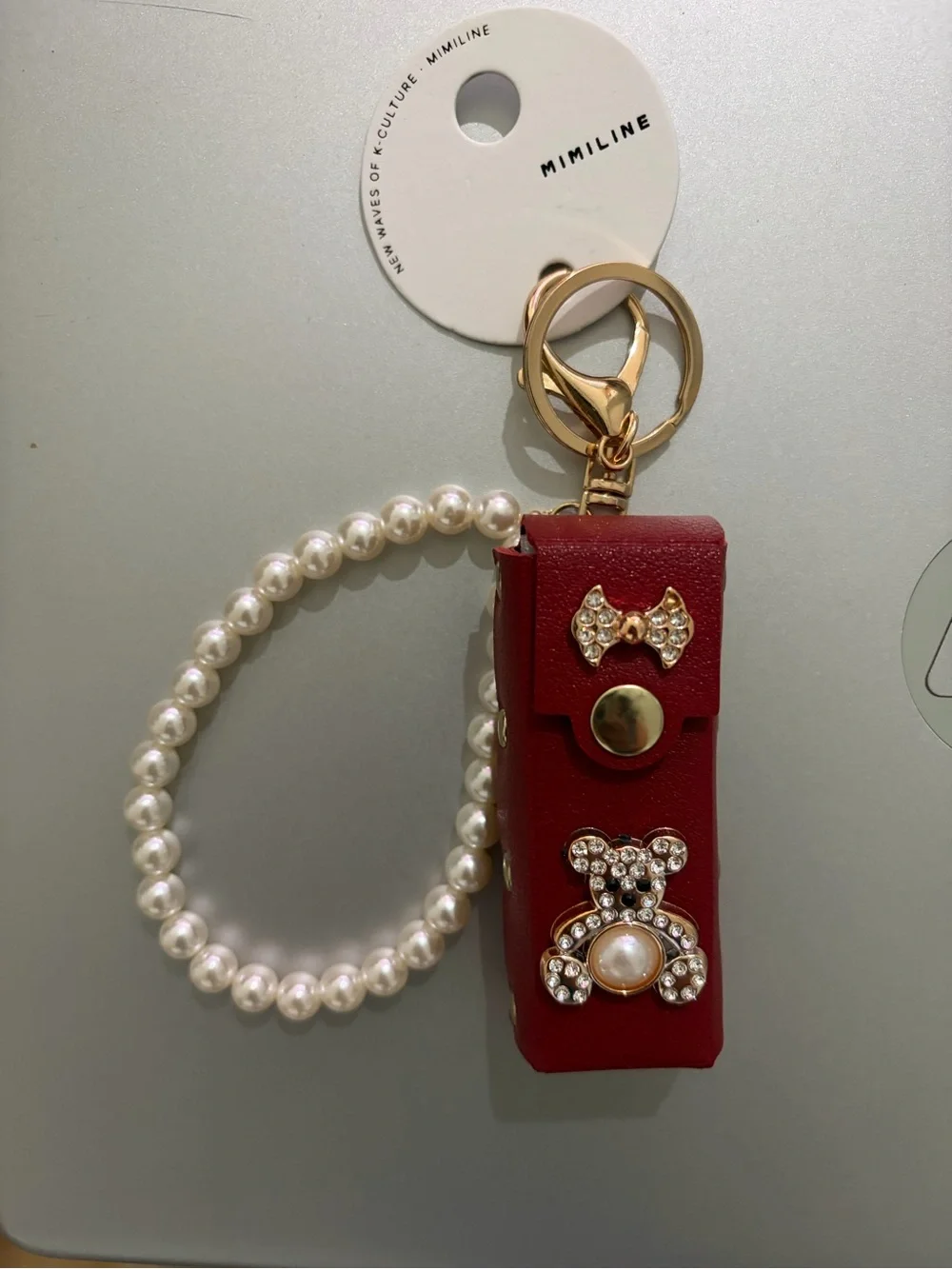 Mimiline Red Pearl Charm Key & Card Holder Wristlet